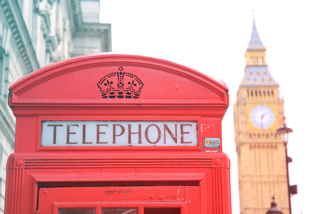International travel: the tower of London and a phone booth.