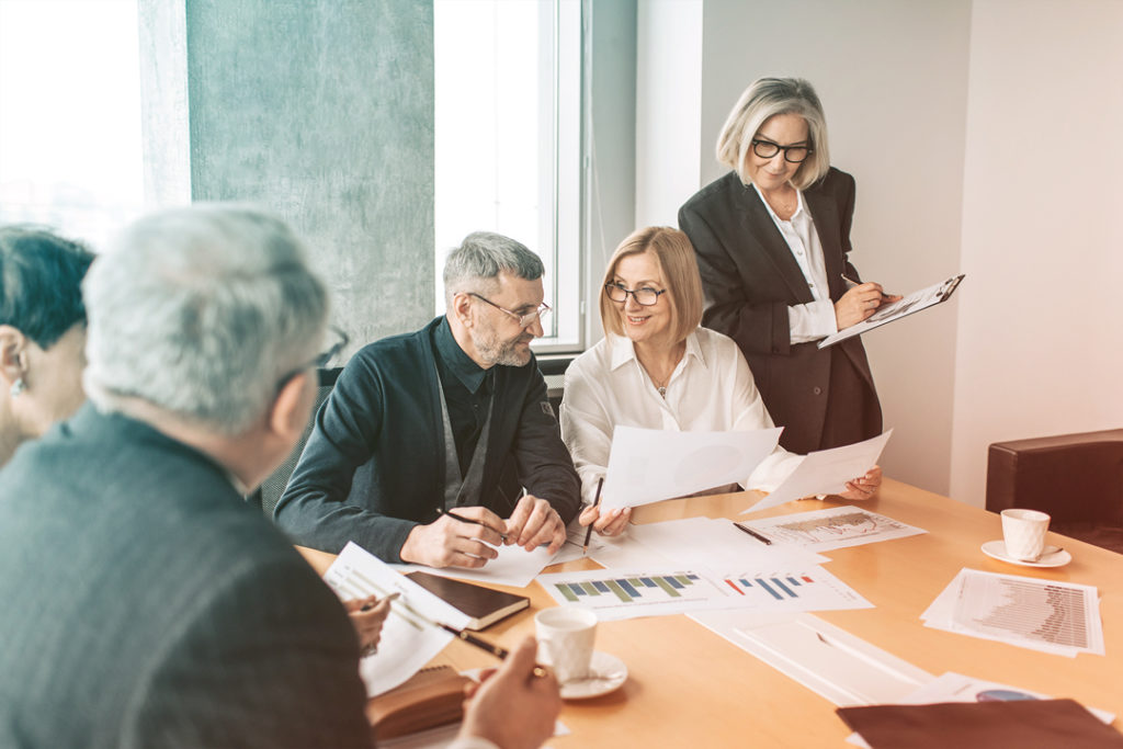 Business team reviewing reports
