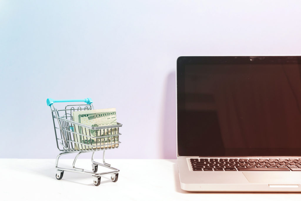 Miniature shopping cart with money inside