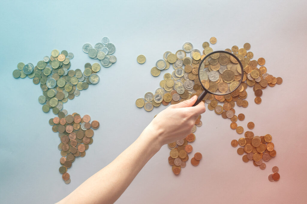 Coins in the shape of a world map