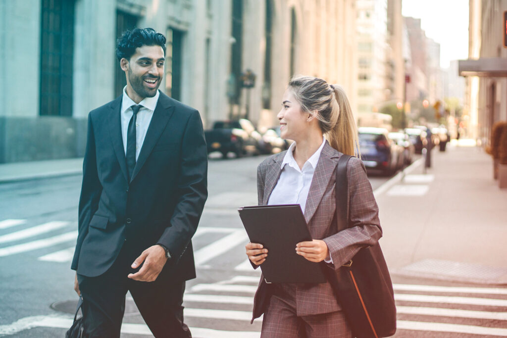 employees walking down the street