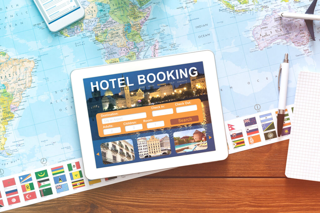 image of a tablet open to a hotel booking site