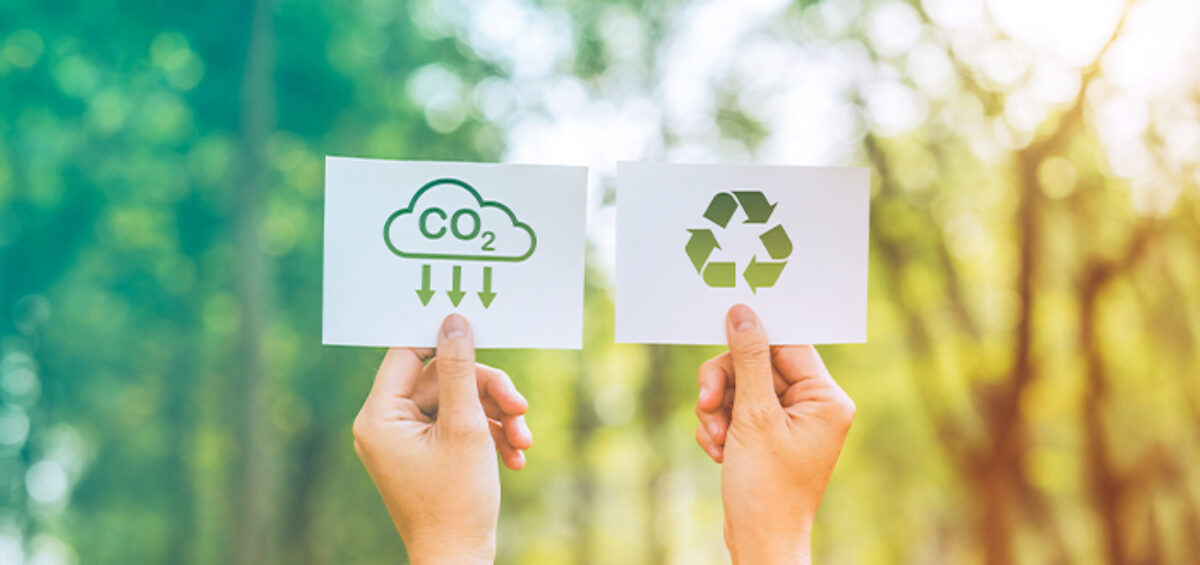 hands holding up a recycle and co2 card