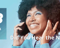 photo of woman on her cell phone with the new jtb business travel brand identity and did you hear the news? text overlay
