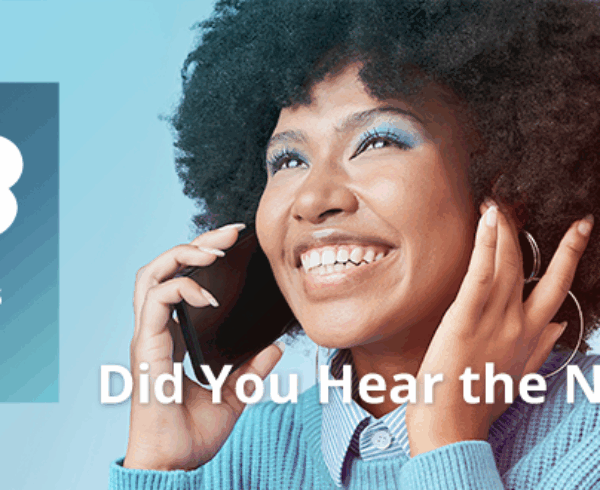photo of woman on her cell phone with the new jtb business travel brand identity and did you hear the news? text overlay