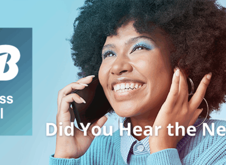 photo of woman on her cell phone with the new jtb business travel brand identity and did you hear the news? text overlay