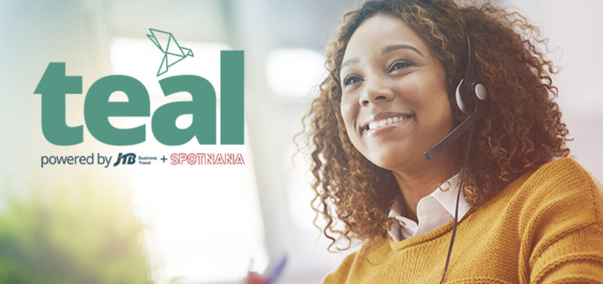 jtb teal announcement logo with travel advisor wearing headset