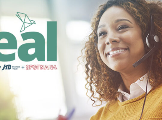 jtb teal announcement logo with travel advisor wearing headset