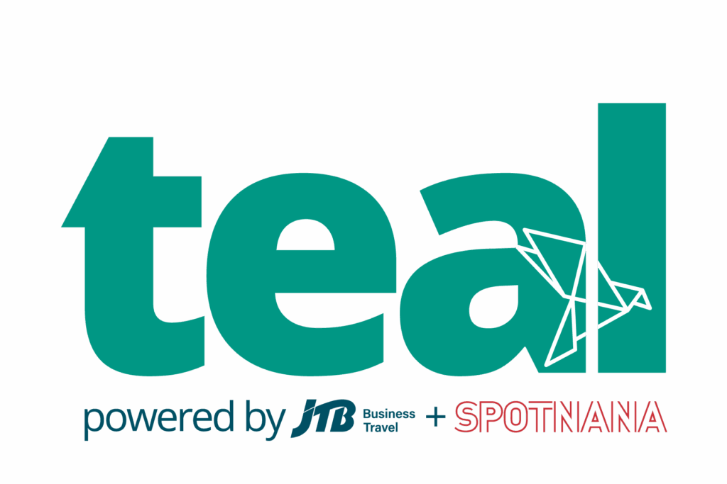The word "teal" in bold teal letters with an origami bird design, and text below reading "powered by JTB Business Travel + SPOTNANA.