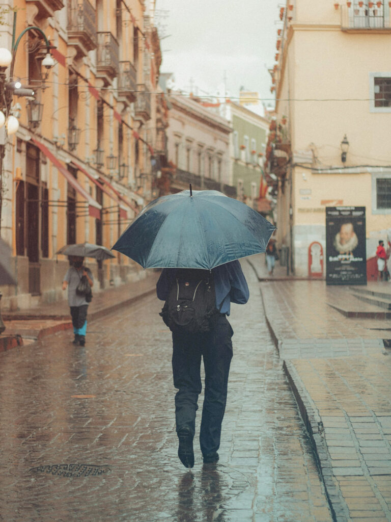 Traveler walking down the street on a rainy day with an umbrella