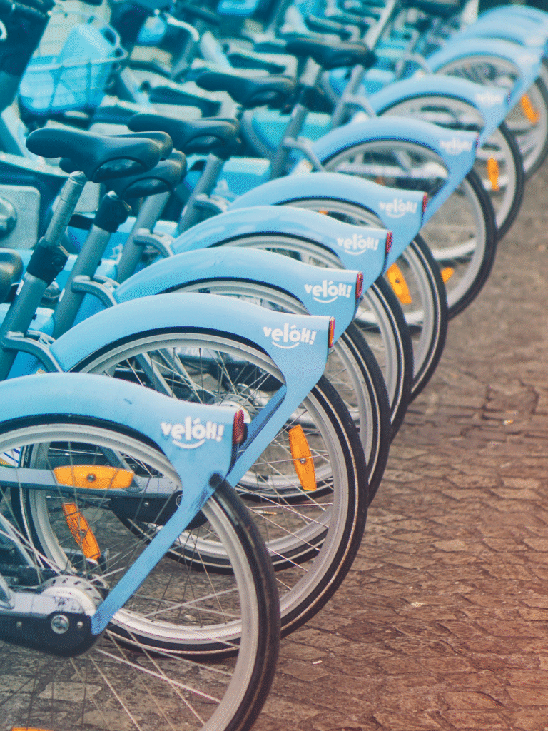  row of parked bikes for rent 