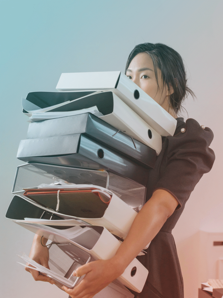 In-House Travel Manager holding a large stack onf binders and papers