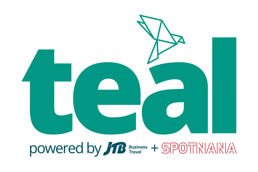 Teal logo with powered by jtb business travel and spotnana
