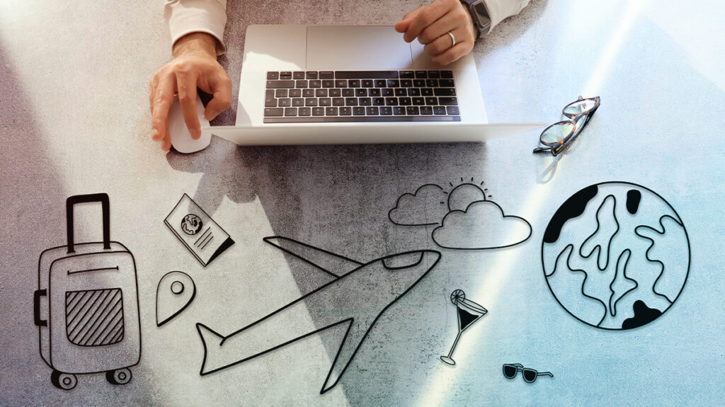 A Travel Manager researching managed travel program benefits on their computer with travel and flying icons. 